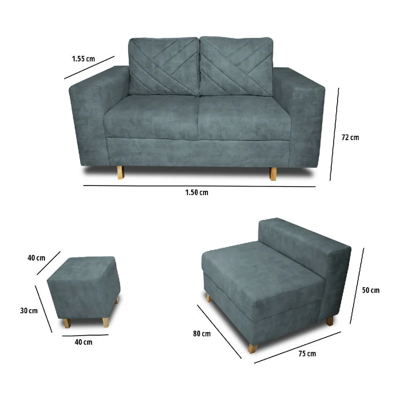 Sala Ámsterdam + Silla + Puff en Tela Amigable con Mascotas 150X72X155 cm Acero