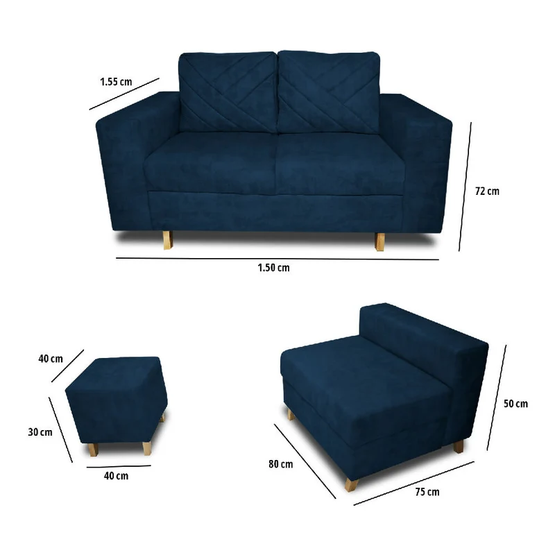 Sala Ámsterdam + Silla + Puff en Tela Amigable con Mascotas 150X72X155 cm Azul Petróleo