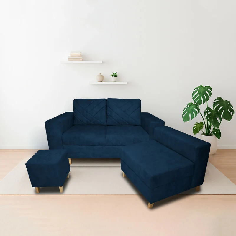Sala Ámsterdam + Silla + Puff en Tela Amigable con Mascotas 150X72X155 cm Azul Petróleo