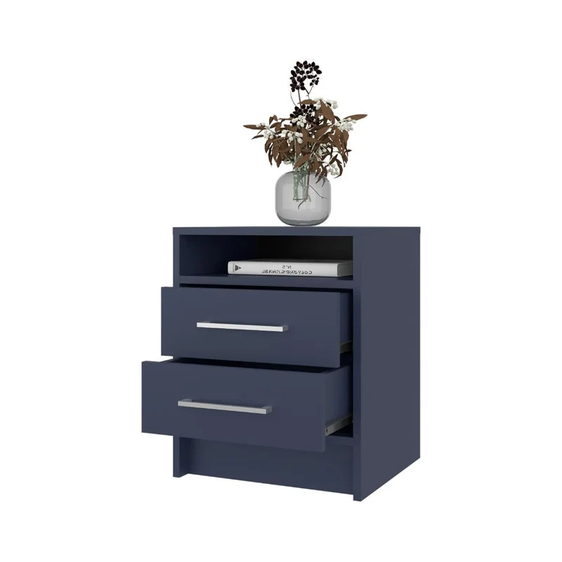 Mesa de Noche Douglas, Kronos Azul, con Dos Cajones, Espacio para Libros y Objetos Decorativos