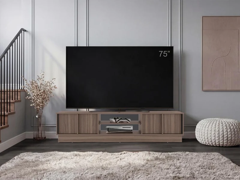 Mesa para TV Caobe, Avellana y Wengue, para Televisor de hasta 75 Pulgadas con Cuatro Puertas
