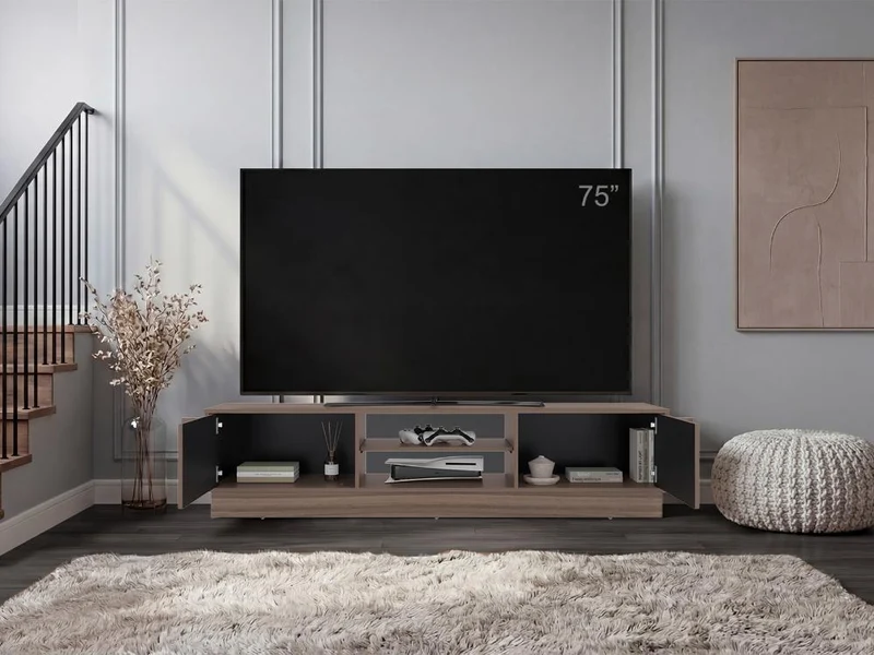 Mesa para TV Caobe, Avellana y Wengue, para Televisor de hasta 75 Pulgadas con Cuatro Puertas