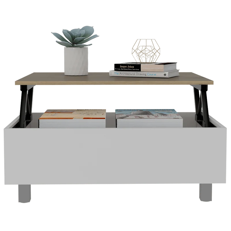 Mesa de Centro Albar, Blanco y Café Claro, con Entrepaño Extensible y Espacio para Almacenamiento ZF