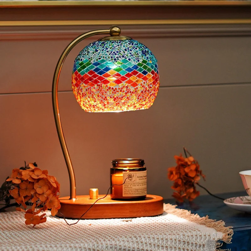 Contemporary Boho Wood Glass Dome Handmade Mosaic 1-Light Melting Wax Table Lamp For Bedroom