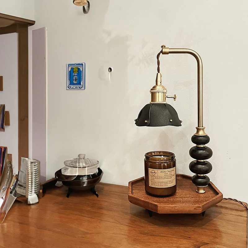 Traditional Vintage Round Octagonal Metal Wood Veneer 1-Light Melting Wax Table Lamp For Bedroom
