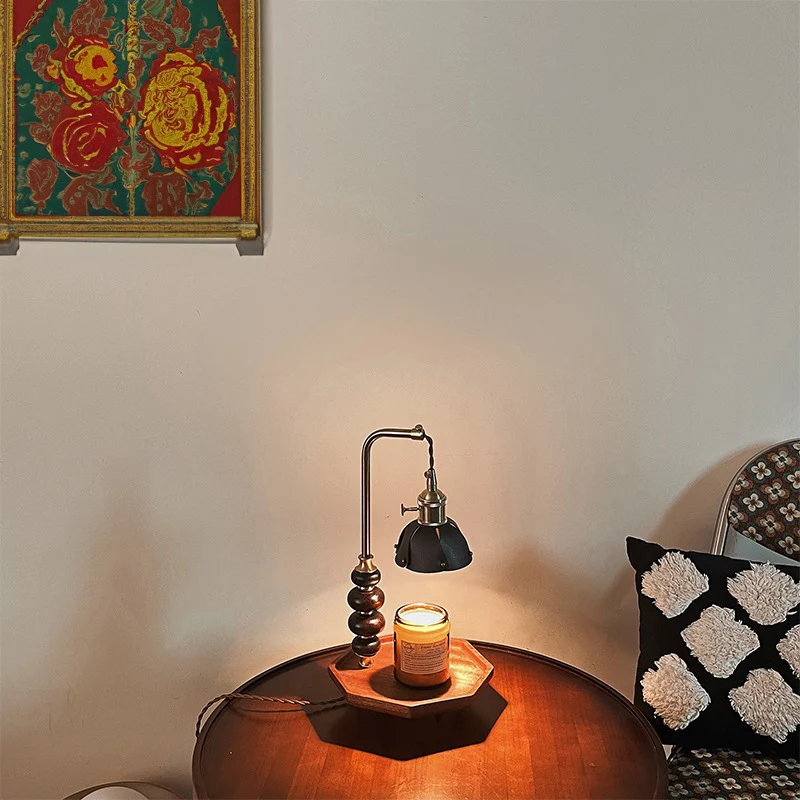 Traditional Vintage Round Octagonal Metal Wood Veneer 1-Light Melting Wax Table Lamp For Bedroom
