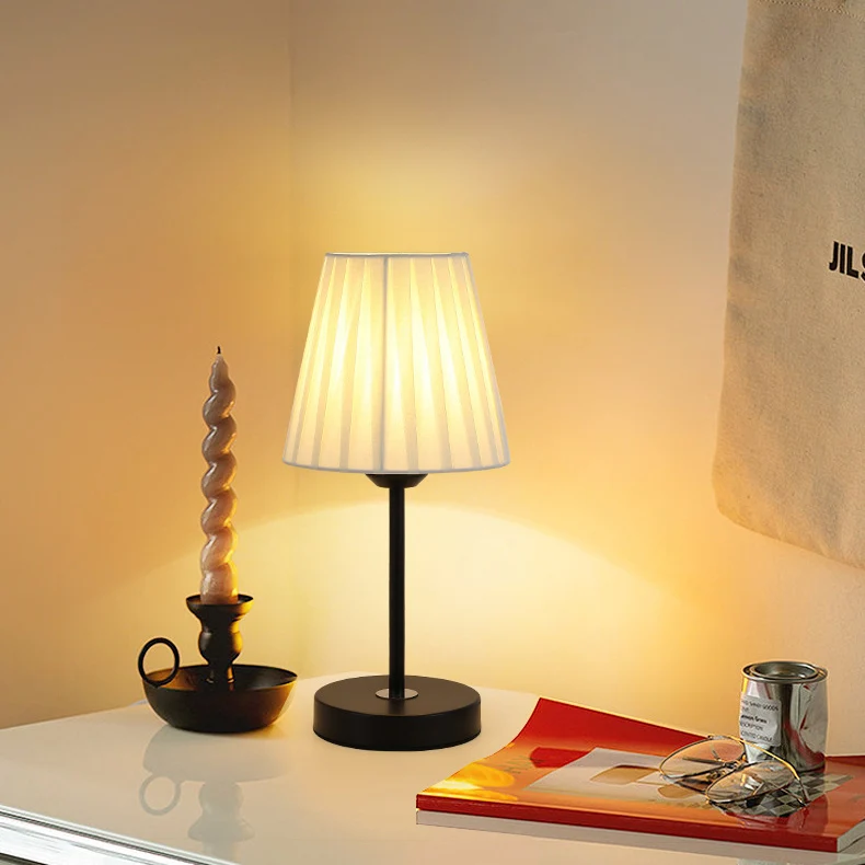 Contemporary Nordic Pleated Drum Shade Fabric Iron 1-Light Table Lamp For Bedroom