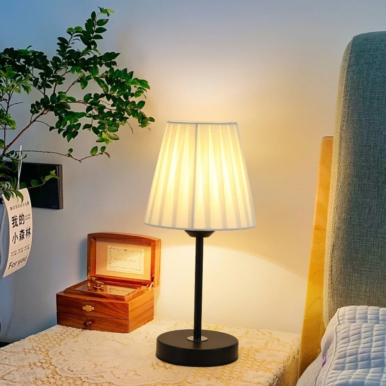 Contemporary Nordic Pleated Drum Shade Fabric Iron 1-Light Table Lamp For Bedroom