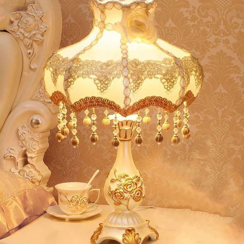 Traditional Chinese Rose Round Pendant Fabric Resin 1-Light Table Lamp For Living Room