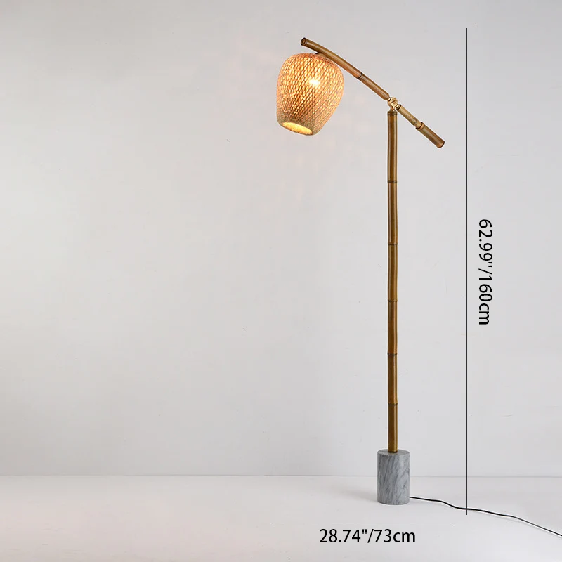 Traditional Vintage Bamboo Weaving Round Marble Base 1-Light Standing Floor Lamp For Dining Room