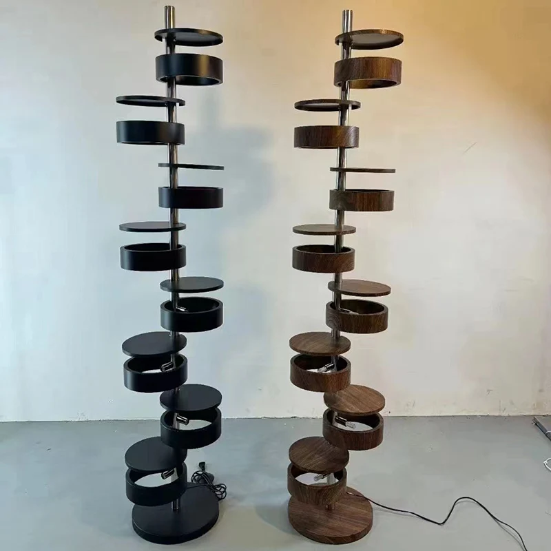 Traditional French Ash Wood Circle Ring Stacking Stainless Steel 8-Light Standing Floor Lamp For Home Office