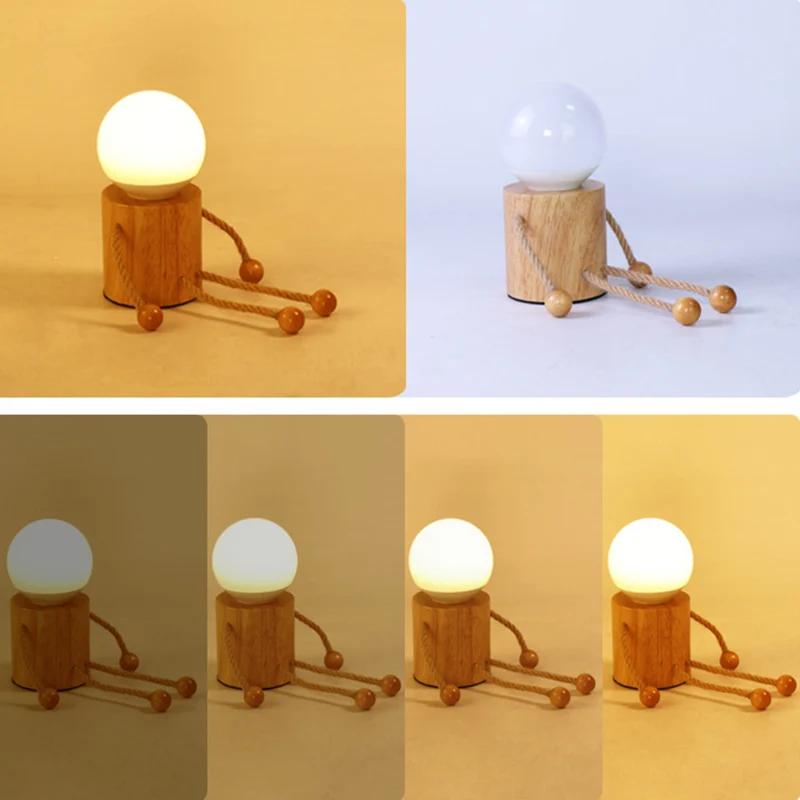 Contemporary Creative Wooden Man Cylinder Ball Wood Sisal Acrylic LED Table Lamp For Bedroom
