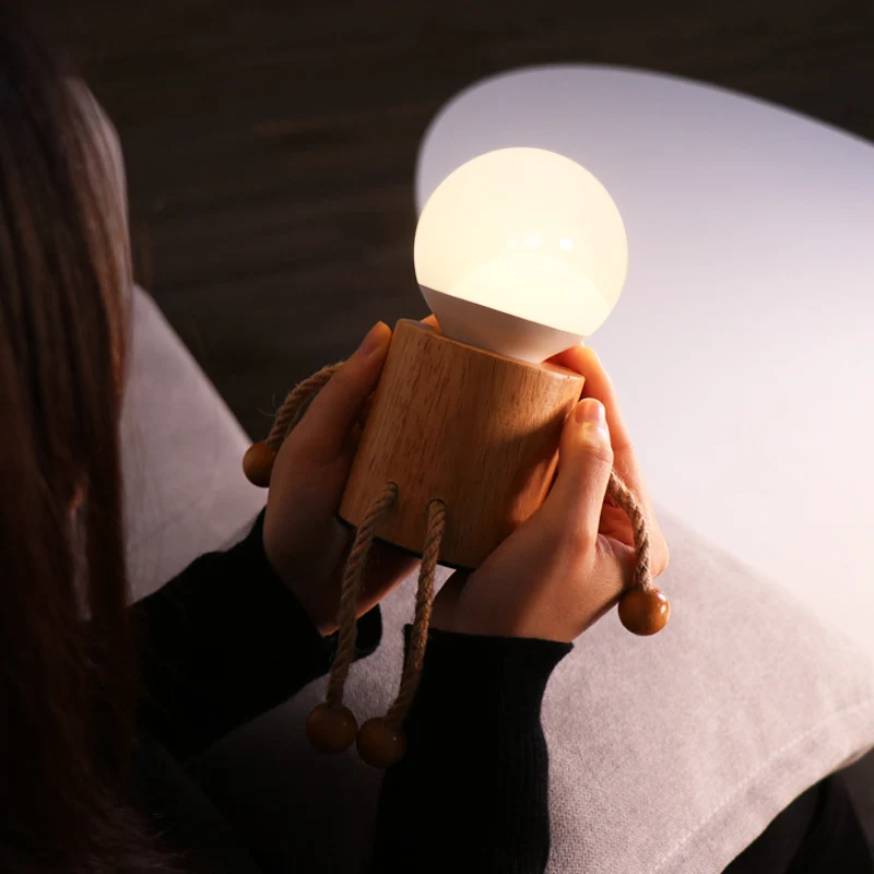 Contemporary Creative Wooden Man Cylinder Ball Wood Sisal Acrylic LED Table Lamp For Bedroom