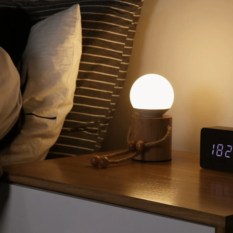 Contemporary Creative Wooden Man Cylinder Ball Wood Sisal Acrylic LED Table Lamp For Bedroom