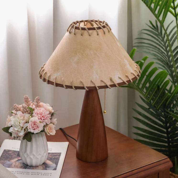 Traditional Vintage Mushroom Linen Imitation Sheepskin Wood 1-Light Table Lamp For Living Room