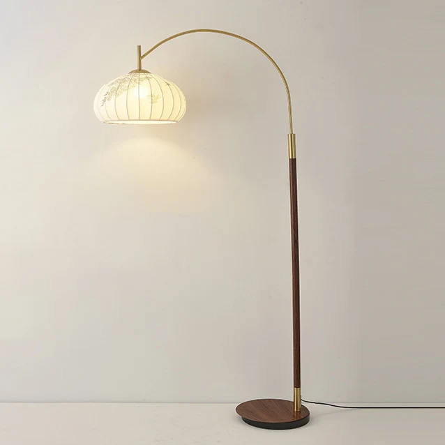 Traditional Chinese Fishing Rod Round Oval Cone Iron Fabric 1-Light Standing Floor Lamp For Living Room