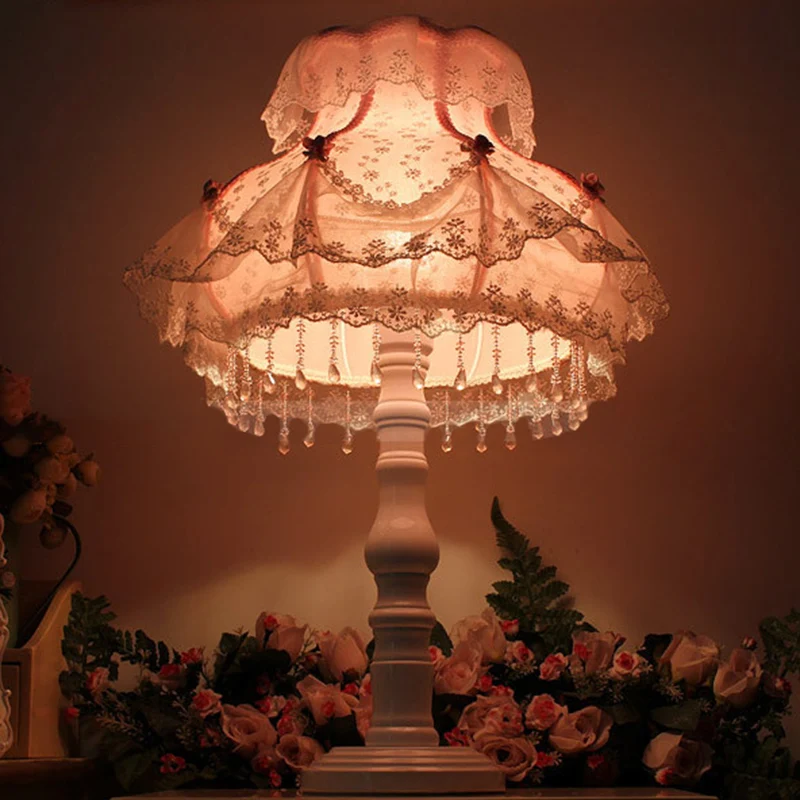 Modern Art Deco Pendant Round Lace Fabric Resin 1-Light Table Lamp For Bedroom