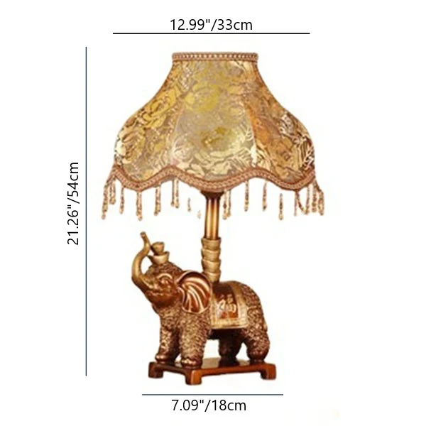 Traditional Vintage Elephant Round Fabric Resin 1-Light Table Lamp For Living Room