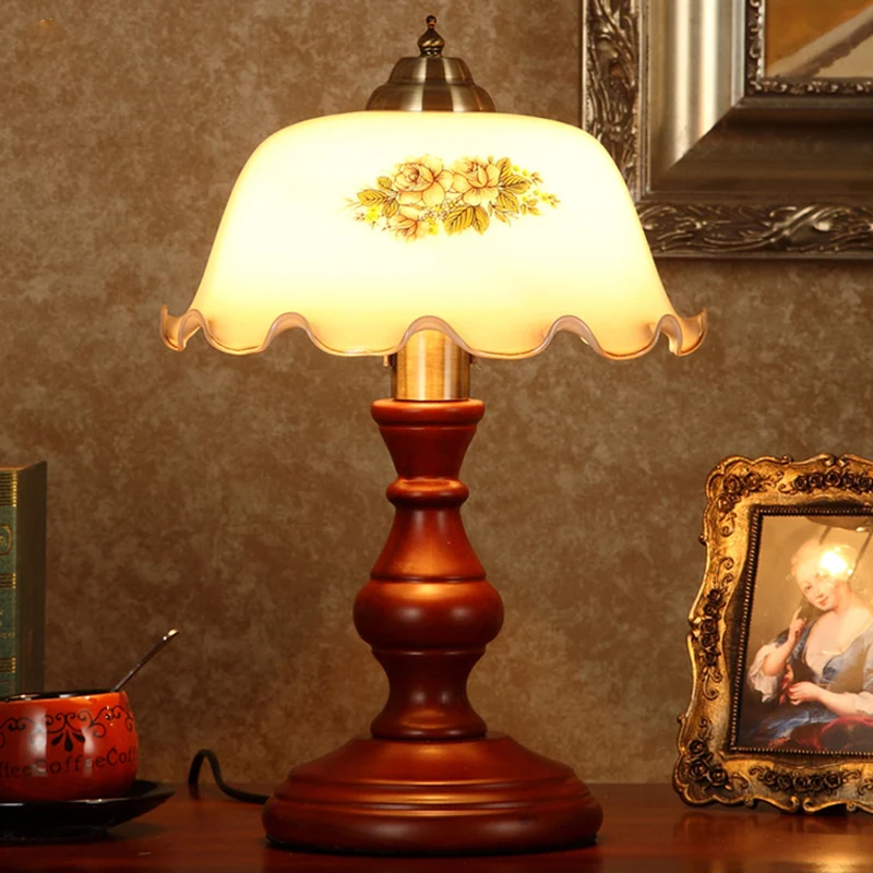 Traditional Vintage Round Cylinder Pendant Flower Fabric Glass Wood 1-Light Table Lamp For Living Room