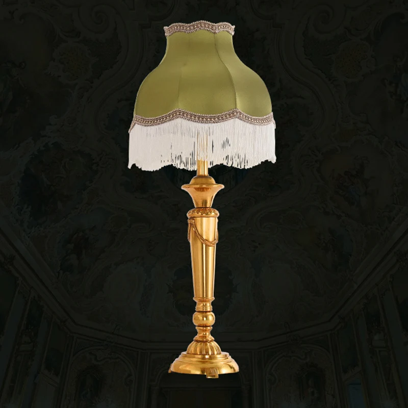 Traditional French Fringe Round Cylinder Fabric Brass 1-Light Table Lamp For Living Room