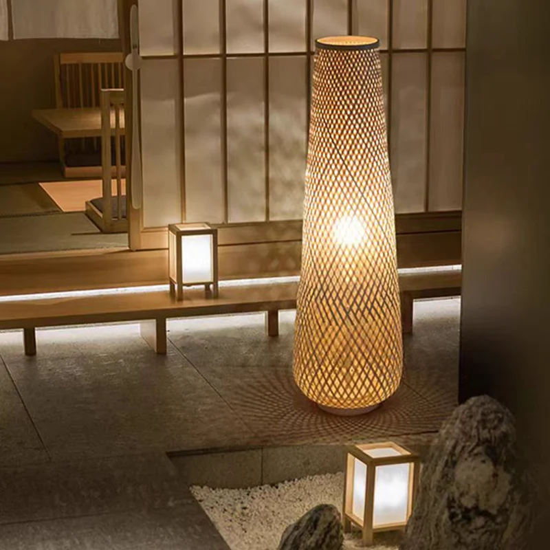 Traditional Japanese Bamboo Weaving Hollow Column 1-Light Standing Floor Lamp For Dining Room