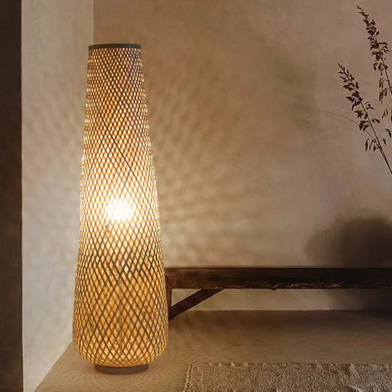 Traditional Japanese Bamboo Weaving Hollow Column 1-Light Standing Floor Lamp For Dining Room