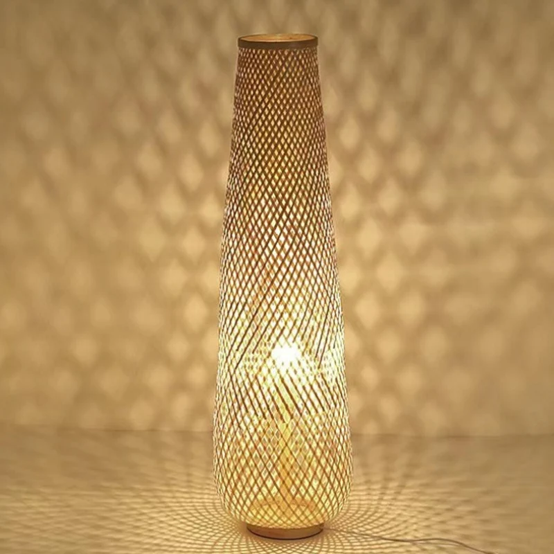 Traditional Japanese Bamboo Weaving Hollow Column 1-Light Standing Floor Lamp For Dining Room