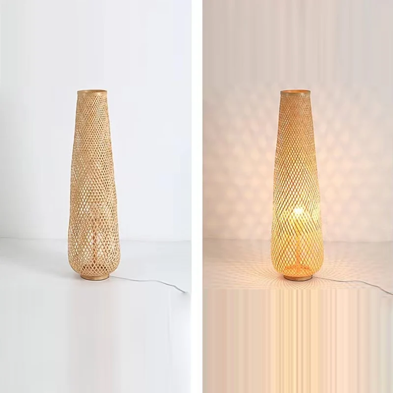 Traditional Japanese Bamboo Weaving Hollow Column 1-Light Standing Floor Lamp For Dining Room