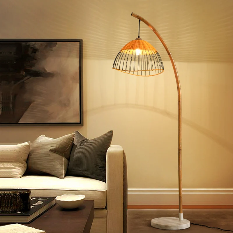 Traditional Vintage Bamboo Weaving Dome Shade Marble 1-Light Standing Floor Lamp For Study
