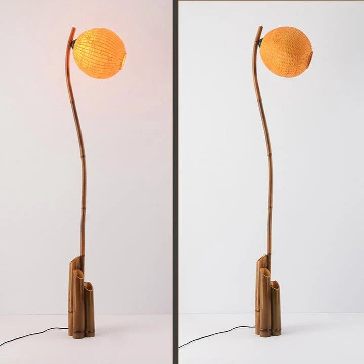 Contemporary Retro Bamboo Weaving Ball Shade Arc Frame 1/2/3-Light Standing Floor Lamp For Dining Room