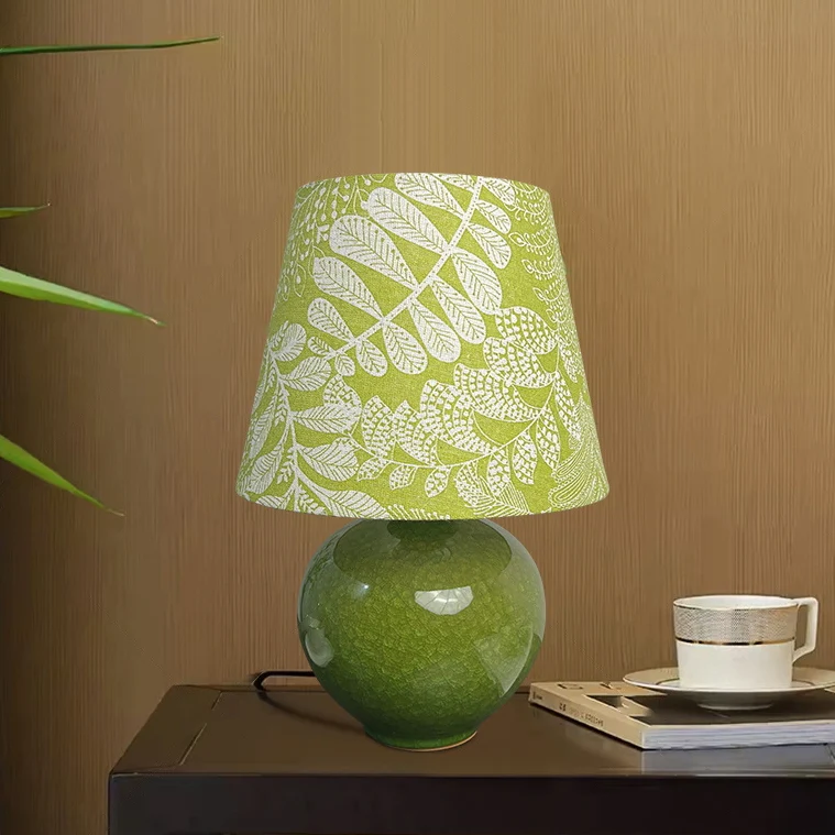 Modern Art Deco Round Vase Ceramic Base Leaf Floral Fabric Shade 1-Light Table Lamp For Living Room