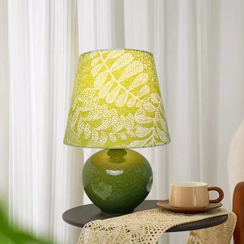 Modern Art Deco Round Vase Ceramic Base Leaf Floral Fabric Shade 1-Light Table Lamp For Living Room