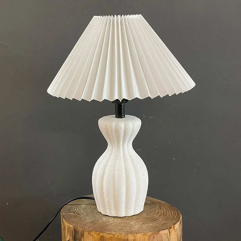 Contemporary Scandinavian Oval Bottle Striped Round Table Pleated Ceramic Fabric 1-Light Table Lamp For Bedroom