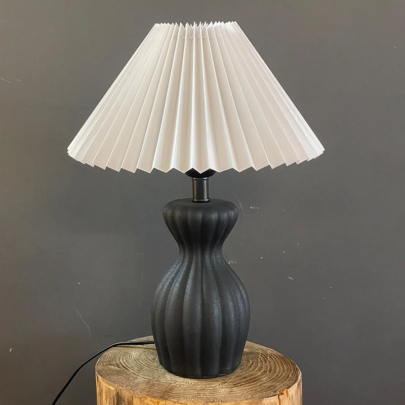 Contemporary Scandinavian Oval Bottle Striped Round Table Pleated Ceramic Fabric 1-Light Table Lamp For Bedroom