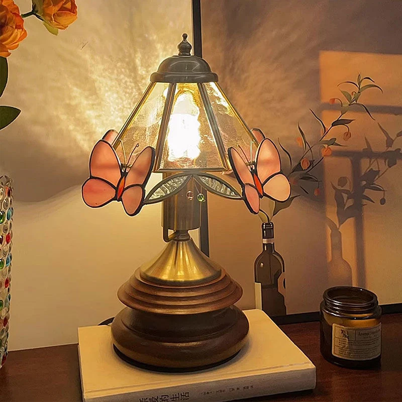 Traditional Vintage Butterfly Cone Glass Metal Solid Wood 1-Light Table Lamp For Bedroom