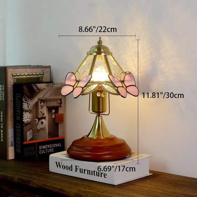 Traditional Vintage Butterfly Cone Glass Metal Solid Wood 1-Light Table Lamp For Bedroom