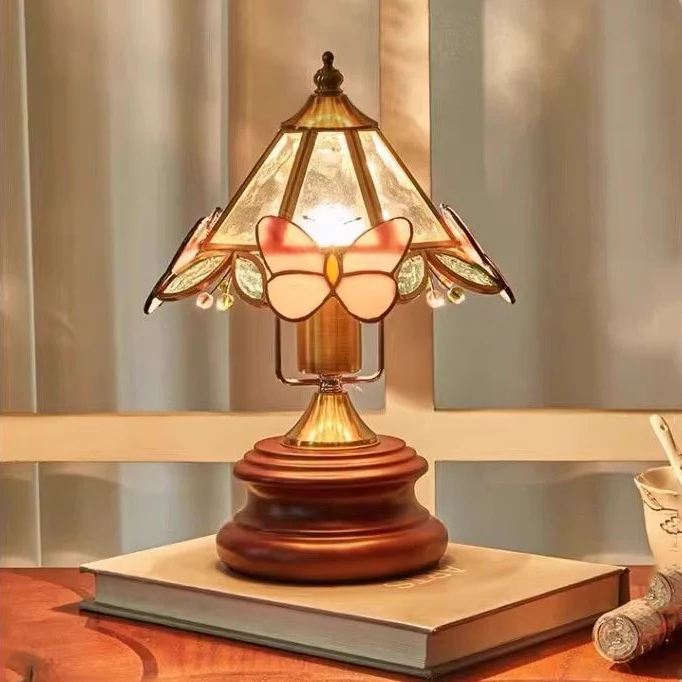 Traditional Vintage Butterfly Cone Glass Metal Solid Wood 1-Light Table Lamp For Bedroom