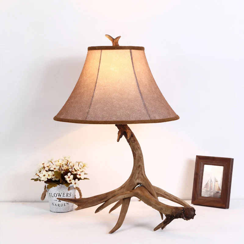 Traditional Rustic Fabric Resin Deer Horn Cylinder 1-Light Table Lamp For Living Room
