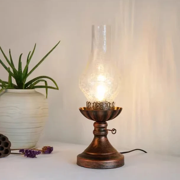 Traditional Vintage Bottle Cone Half Round Textured Iron Glass 1-Light Table Lamp For Bedroom