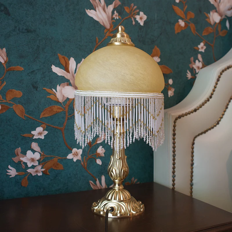 Traditional Vintage Half Round Cylinder Tassel Copper Glass 1-Light Table Lamp For Bedroom