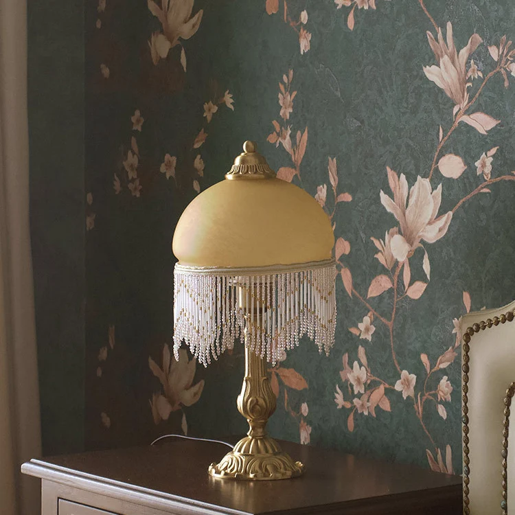 Traditional Vintage Half Round Cylinder Tassel Copper Glass 1-Light Table Lamp For Bedroom