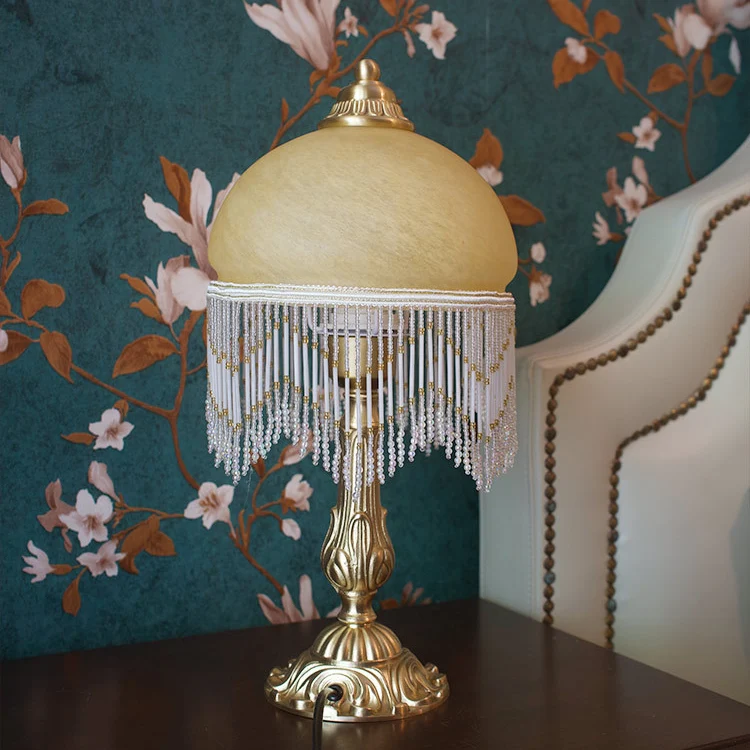 Traditional Vintage Half Round Cylinder Tassel Copper Glass 1-Light Table Lamp For Bedroom