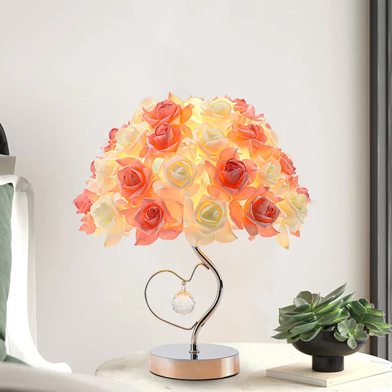 Contemporary Creative Flower Dome Fabric Metal Crystal 1-Light Table Lamp For Bedroom