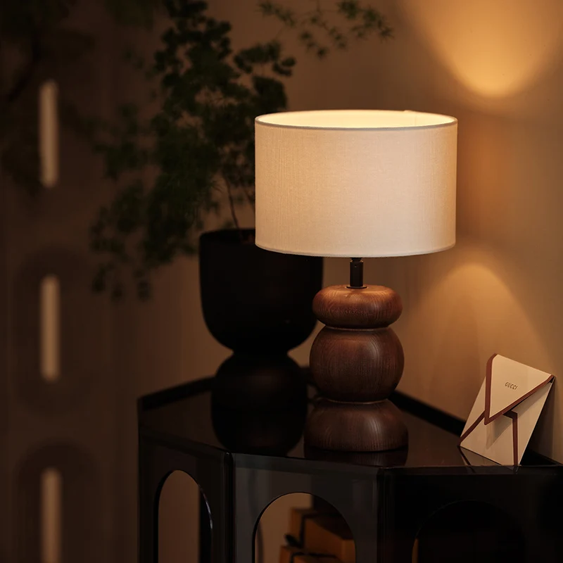 Traditional Japanese Cylinder Fabric Ash Wood 1-Light Table Lamp For Bedroom