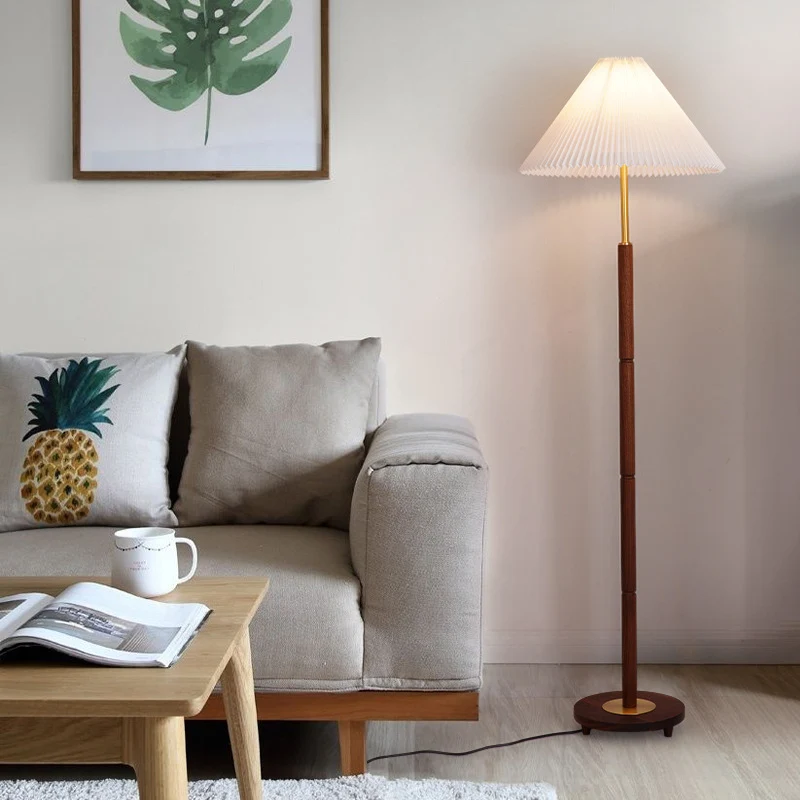 Contemporary Nordic Column Copper Wood Fabric 1-Light Standing Floor Lamp For Living Room