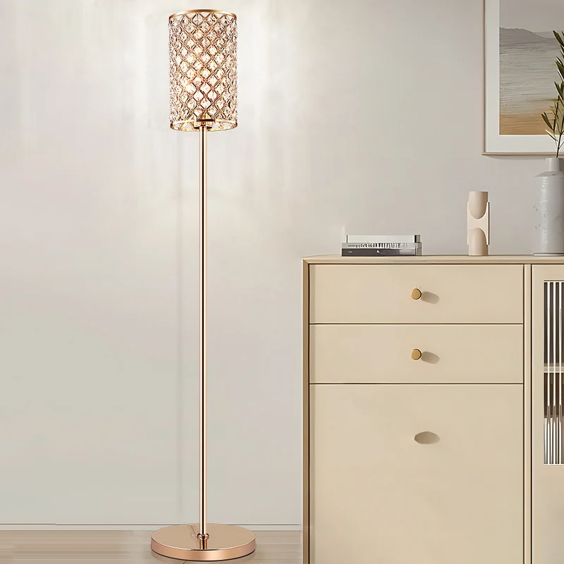 Modern Luxury Iron Crystal Cylinder 1-Light Standing Floor Lamp For Living Room