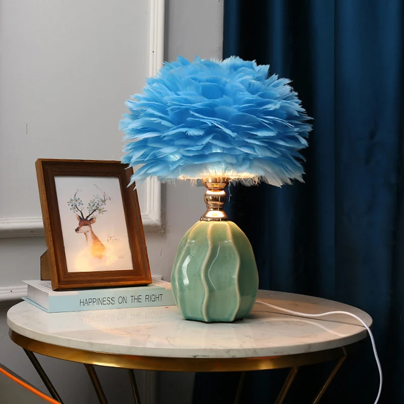 Contemporary Nordic Round Ripple Ceramic Base Iron Feather Shade 1-Light Table Lamp For Bedroom
