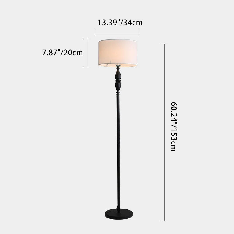 Traditional Vintage Fabric Cylinder Shade Iron Base 1-Light Standing Floor Lamp For Living Room