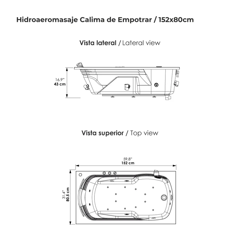 Hidromasaje de Empotrar Calima 152X80 con Cascada de Llenado con Terapias