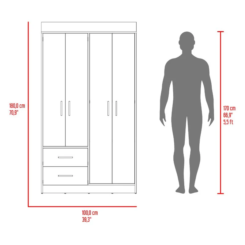 Clóset Houston, Cartagena y Wengue , con Cuatro Puertas Batientes y Dos Cajones con Amplio Espacio de Almacenamiento